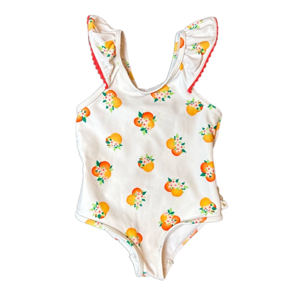 Kate spade white citrus print ruffled swimsuit size 24 months